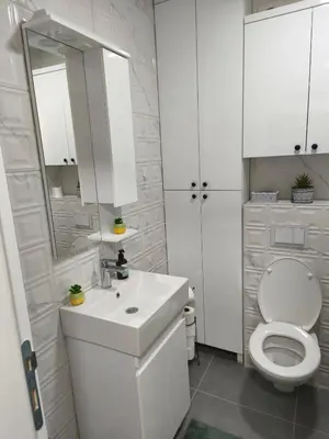 a white bathroom with a toilet and a sink at Diva apartman, Doboj in Doboj
