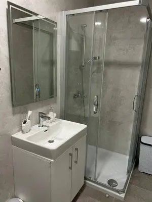 a bathroom with a sink and a shower at Apartman Maja in Budžak