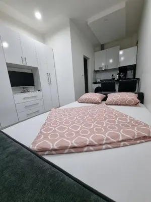 a large bedroom with two beds with pink comforter at Apartman Novak in Banja Luka