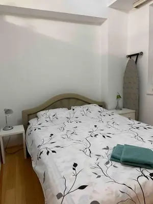 a bedroom with a bed with a black and white comforter at Apartman Sara in Banja Luka