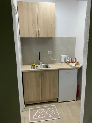 a small kitchen with a sink and a refrigerator at Elyisian Home in Zenica