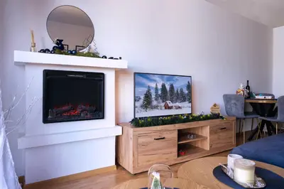 a living room with a tv and a fireplace at Apartman Haba Vlašić in Vlasic