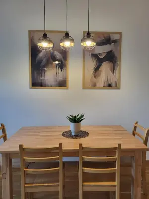 a dining room table with a potted plant on it at Green view apartment in Banja Luka