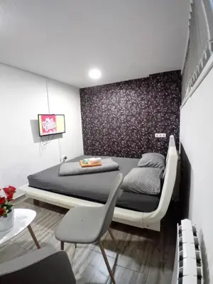 a bedroom with a bed and a table and a chair at EM Apartments in Tuzla