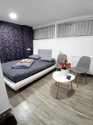 a bedroom with a bed and a table and chairs at EM Apartments in Tuzla