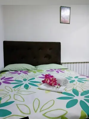 a bed with a flowered comforter with flowers on it at EM Apartments Korzo in Tuzla