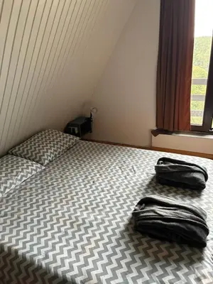 a bedroom with a bed with two bags on it at Forrest House in Doboj