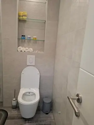a small bathroom with a toilet and a mirror at Apartman Ditka in Bihać