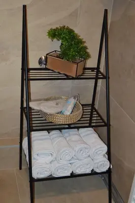 a shelf with towels and a plant in a bathroom at Mas Motel in Bosanska Gradiška