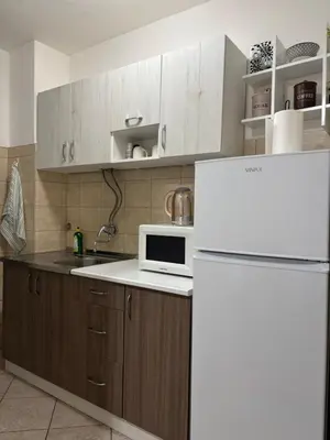 a kitchen with a white refrigerator and a microwave at A&N Apartments in Banja Luka