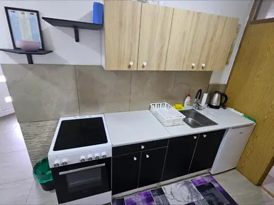 a small kitchen with a stove and a sink at Lira Apartmani in Prnjavor