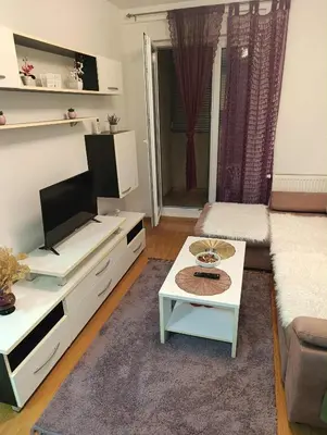 a living room with a couch and a tv and a table at Apartman Čakarević in Doboj
