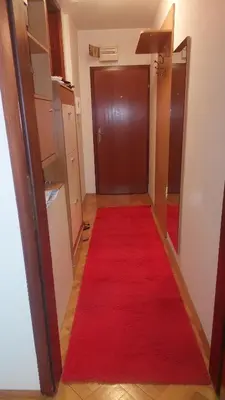 a hallway with a red carpet in front of a door at Lux apartman sa garažom in Banja Luka