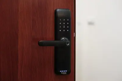 a black door handle on a wooden door at Kosta Boutique Apartment in Banja Luka