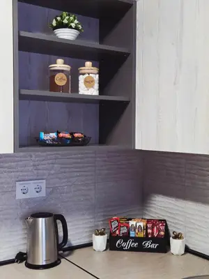 a kitchen with a counter with a coffee maker and shelves at Apartman Elite Stay Doboj in Doboj