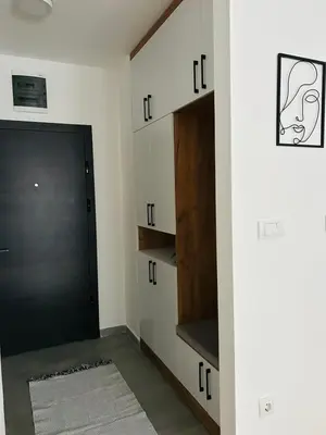 a hallway with a black door and a closet at Apartment Stepanova in Banja Luka