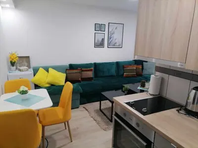a living room with a green couch and a kitchen at Apartments EDEN in Vlasic