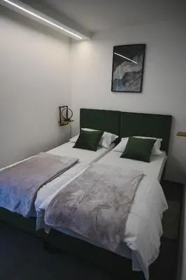a bedroom with a large bed with a green headboard at Villa Fluviale in Jezero