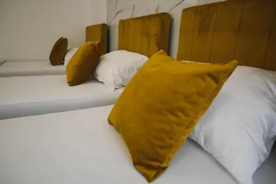 two twin beds with yellow pillows on them at Villa Fluviale in Jezero