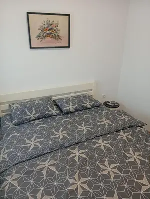 a bed with a gray and white comforter and pillows at Beatiful BL in Banja Luka