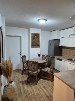 a kitchen with a table and chairs in a room at Apartment D in Krndija