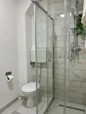 a bathroom with a toilet and a glass shower at Apartman M