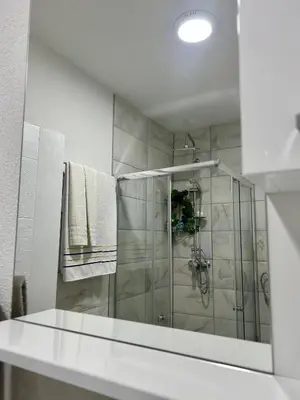 a shower with a glass door in a bathroom at Apartman M