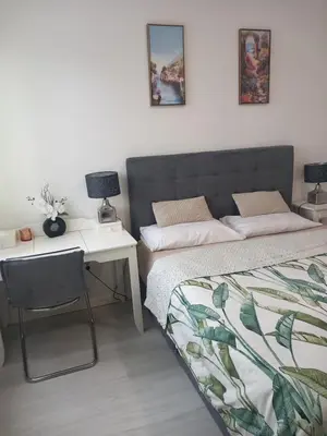a bedroom with two beds and a table and a desk at Apartman Ana in Banja Luka