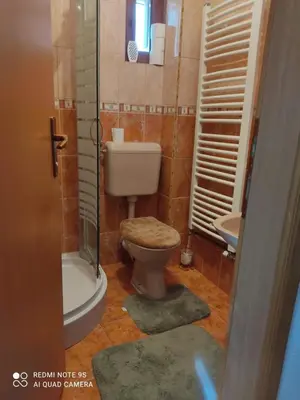 a bathroom with a toilet and a shower and a sink at Vikend kuća Libertas in Šišava