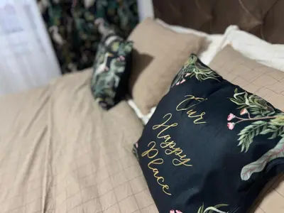 a black pillow with the words happy anniversary written on it at Chill In Apartman in Banja Luka