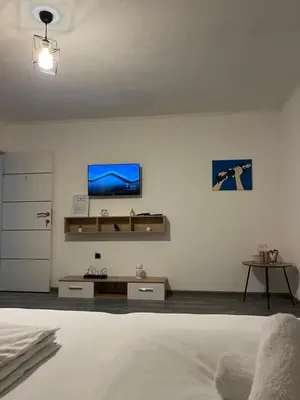 a bedroom with a bed and a tv on a wall at DM Rooms ll in Gornji Vakuf