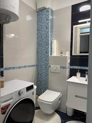 a bathroom with a toilet and a washing machine in it at Hogar Cálido in Banja Luka
