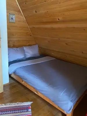 a bed in a room with a wooden wall at Apartments Vlašić Eco in Šišava