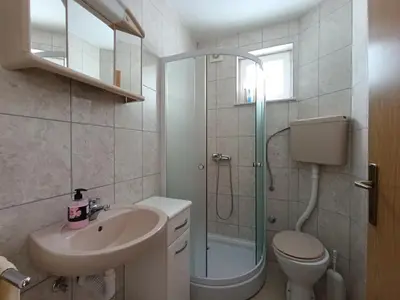 a bathroom with a shower and a sink and a toilet at Planinska Draga Vlašić in Vlasic