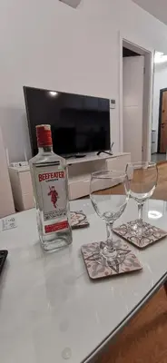 a bottle of alcohol and two wine glasses on a table at Apartment Kesten Banja Luka in Banja Luka