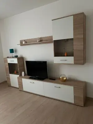 a living room with a entertainment center with a television at Apartman Mila Prnjavor in Prnjavor