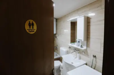 a bathroom with a toilet and a sink and a mirror at Apartman CENTRAL LOFT Gradiška in Bosanska Gradiška