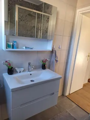 a bathroom with a white sink and a mirror at Apartman Centar in Drvar