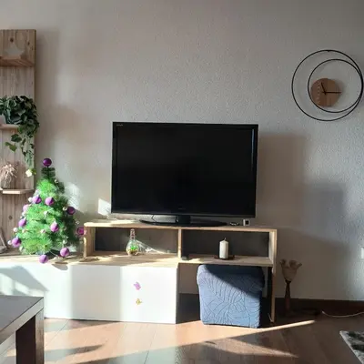 a living room with a television and a christmas tree at Apartman Montis in Kupres