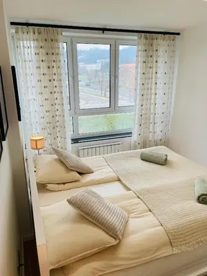 two beds in a room with a large window at Dinka Apartments Park Lake in Tuzla