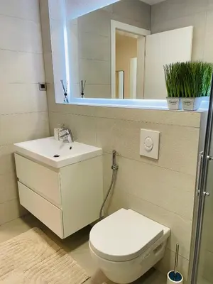 a bathroom with a toilet and a sink and a mirror at Dinka Apartments Park Lake in Tuzla