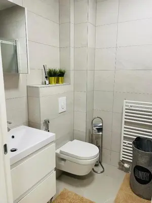 a white bathroom with a toilet and a sink at Dinka Apartments Park Lake in Tuzla