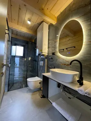a bathroom with a sink and a toilet and a mirror at Kozara Panoramic Resort in Bosanska Gradiška