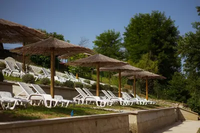 a group of lawn chairs and umbrellas at Una Relax in Vajagići