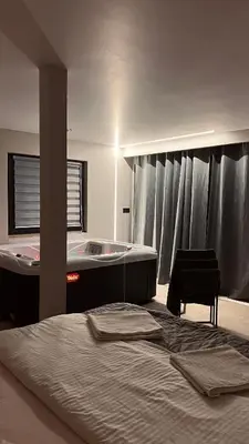 a bedroom with a bed and a tub in it at Relax house - Šumska vila romanticni spa apartman sa djakuzijem in Banja Luka