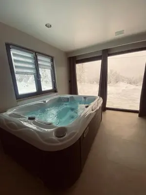 a bathroom with a jacuzzi tub in front of a window at Relax house - Šumska vila romanticni spa apartman sa djakuzijem in Banja Luka
