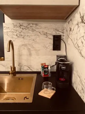 a kitchen counter with a sink and a coffee maker at Relax house - Šumska vila romanticni spa apartman sa djakuzijem in Banja Luka