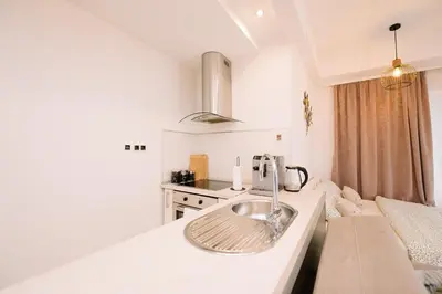 a kitchen with a sink on a counter next to a couch at Studio apartman NINA in Livno