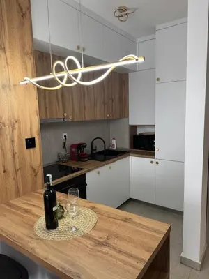 a kitchen with a wooden table with a bottle of wine at Cozy apartment Banja Luka in Budžak