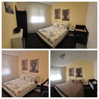 two pictures of a hotel room with two beds at Apartman Una Vista in Ivišovo Greblje